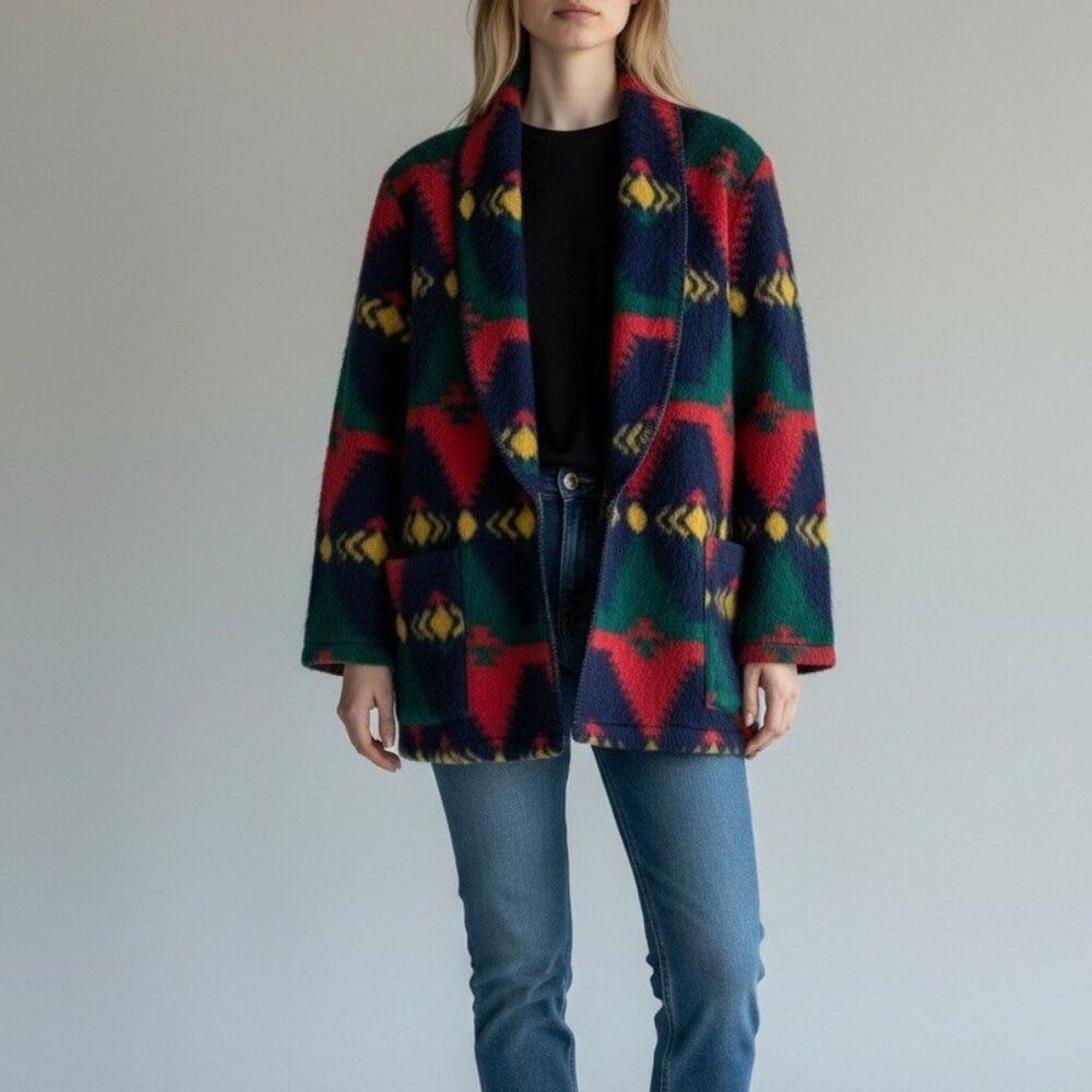 Vintage 1980s Western Rodeo Cowgirl Fleece Oversized Jacket Blazer Made USA Sz L